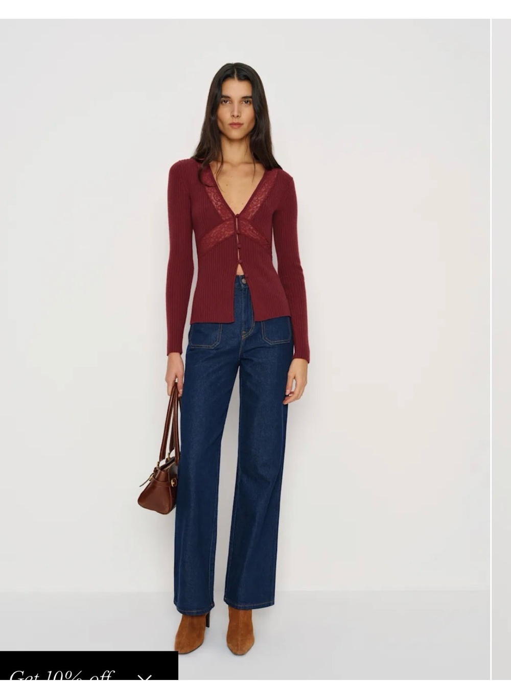 Reformation Lace-Trim Ribbed Cardigan - Burgundy